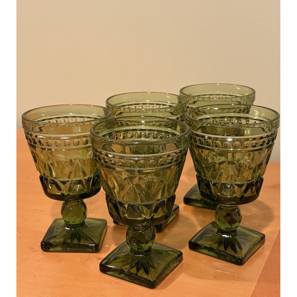 MCM Indiana Glass Colony Park Lane Avocado Green 4½" Wine Goblets Set Of 14
